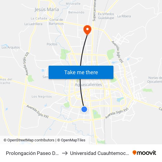 Prolongación Paseo De La Asunción, Sn(Ct) to Universidad Cuauhtemoc Plantel Aguascalientes map