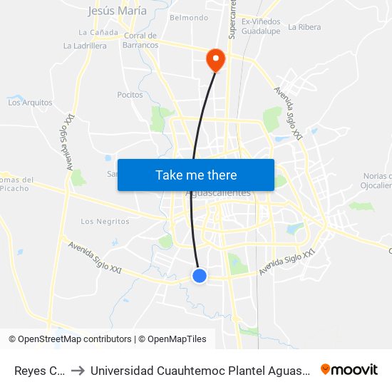 Reyes Cars to Universidad Cuauhtemoc Plantel Aguascalientes map