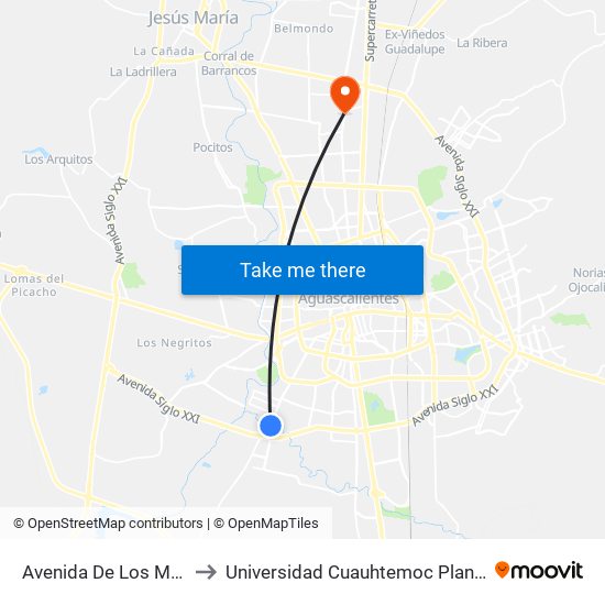 Avenida De Los Maestros, 308 to Universidad Cuauhtemoc Plantel Aguascalientes map