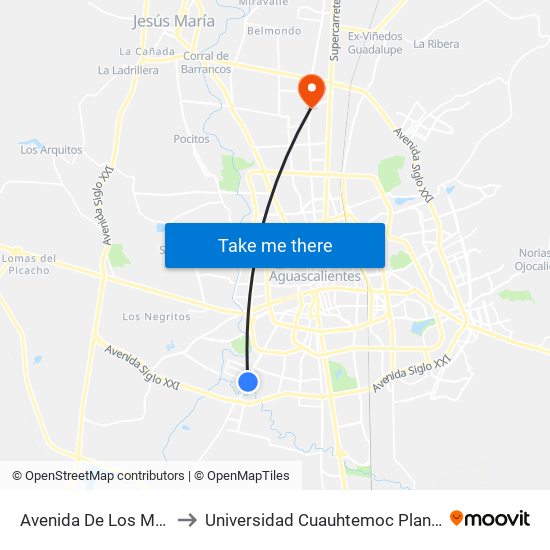 Avenida De Los Maestros, 108 to Universidad Cuauhtemoc Plantel Aguascalientes map