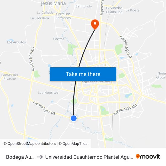 Bodega Aurrera to Universidad Cuauhtemoc Plantel Aguascalientes map