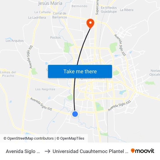 Avenida Siglo Xxi, 3832 to Universidad Cuauhtemoc Plantel Aguascalientes map