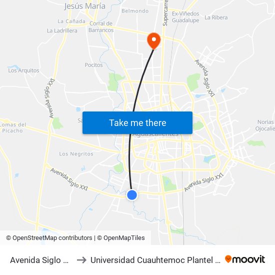 Avenida Siglo Xxi, 3306 to Universidad Cuauhtemoc Plantel Aguascalientes map