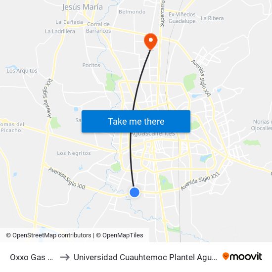 Oxxo Gas Cualli to Universidad Cuauhtemoc Plantel Aguascalientes map