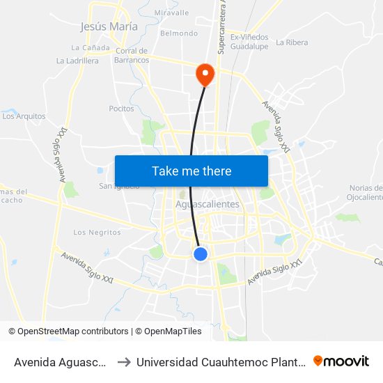Avenida Aguascalientes Sur to Universidad Cuauhtemoc Plantel Aguascalientes map