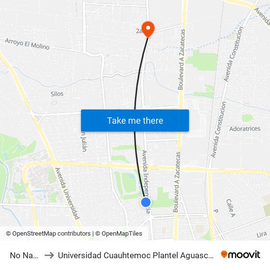 No Name to Universidad Cuauhtemoc Plantel Aguascalientes map