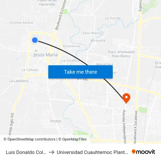 Luis Donaldo Colosio, 306a to Universidad Cuauhtemoc Plantel Aguascalientes map