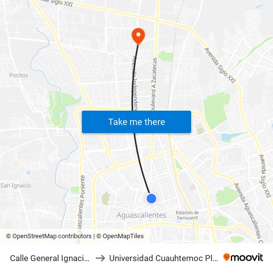 Calle General Ignacio Zaragoza, 602 to Universidad Cuauhtemoc Plantel Aguascalientes map
