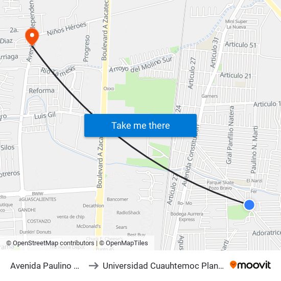 Avenida Paulino N. Martí, 802 to Universidad Cuauhtemoc Plantel Aguascalientes map