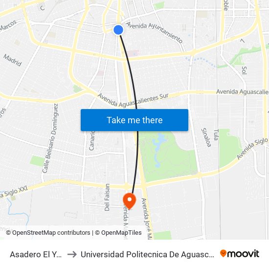 Asadero El Yaqui to Universidad Politecnica De Aguascalientes map