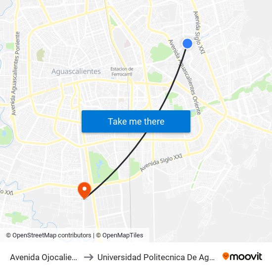 Avenida Ojocaliente, 117 to Universidad Politecnica De Aguascalientes map