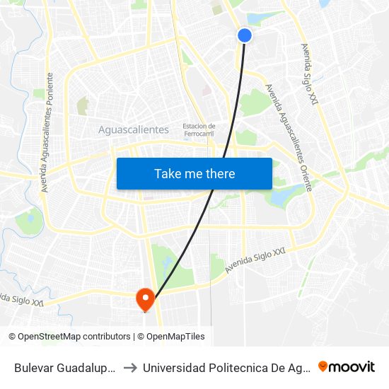 Bulevar Guadalupano, 104 to Universidad Politecnica De Aguascalientes map