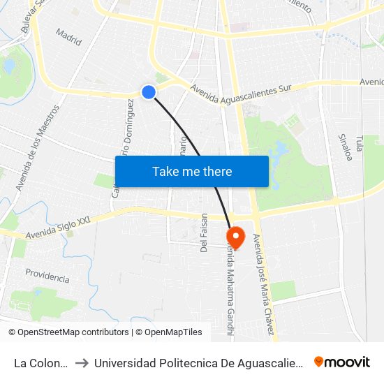 La Colonial to Universidad Politecnica De Aguascalientes map