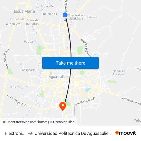Flextronics to Universidad Politecnica De Aguascalientes map