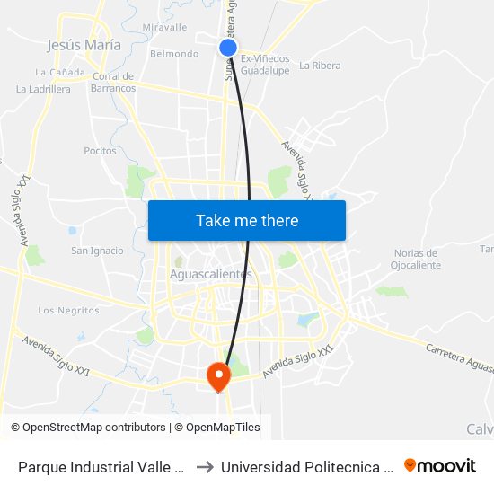 Parque Industrial Valle De Aguascalientes to Universidad Politecnica De Aguascalientes map