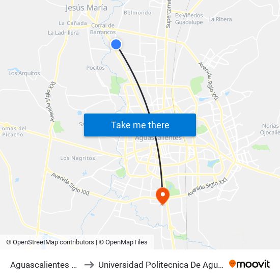Aguascalientes 53, 106 to Universidad Politecnica De Aguascalientes map