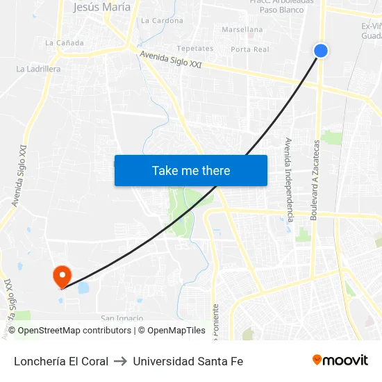Lonchería El Coral to Universidad Santa Fe map