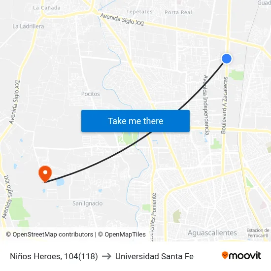 Niños Heroes, 104(118) to Universidad Santa Fe map