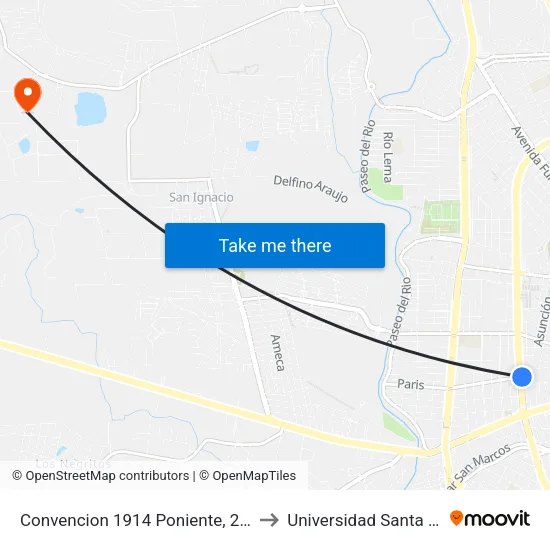 Convencion 1914 Poniente, 219 to Universidad Santa Fe map