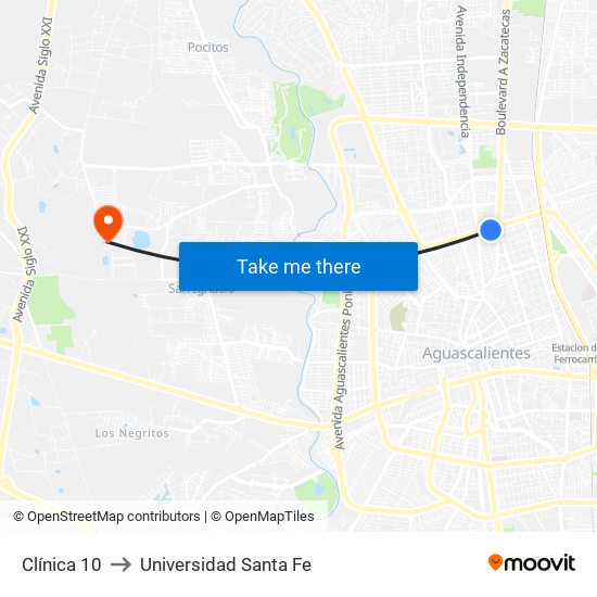 Clínica 10 to Universidad Santa Fe map