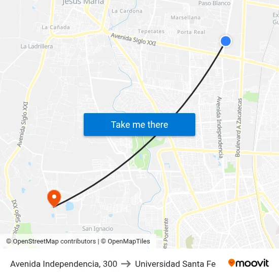 Avenida Independencia, 300 to Universidad Santa Fe map