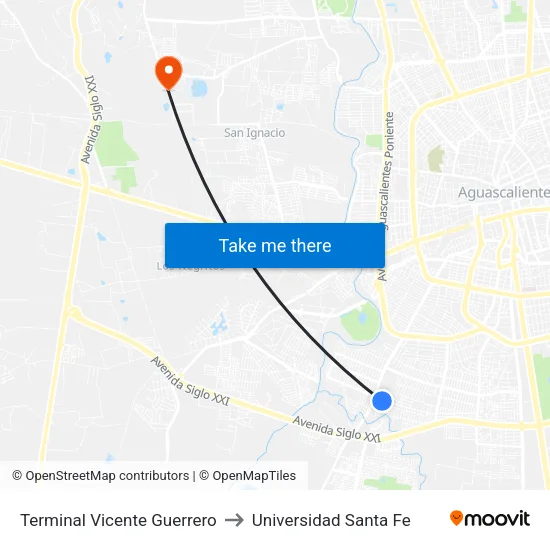 Terminal Vicente Guerrero to Universidad Santa Fe map