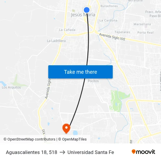 Aguascalientes 18, 518 to Universidad Santa Fe map