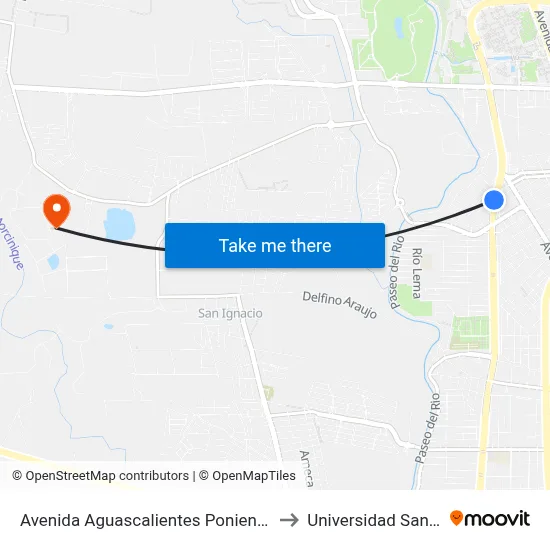 Avenida Aguascalientes Poniente, 1511 to Universidad Santa Fe map