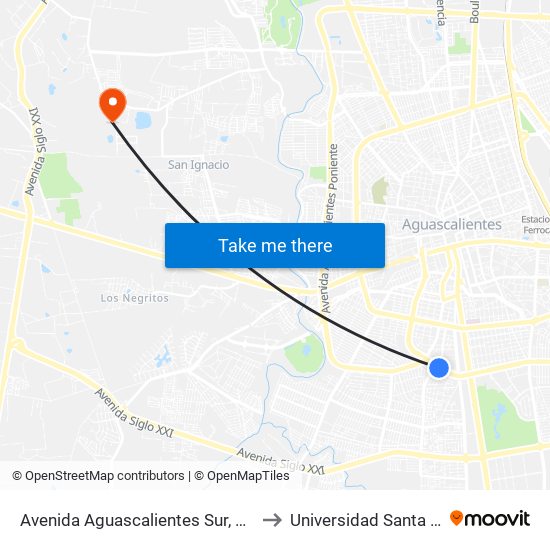 Avenida Aguascalientes Sur, 304 to Universidad Santa Fe map