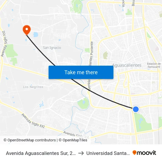 Avenida Aguascalientes Sur, 2729 to Universidad Santa Fe map
