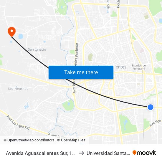 Avenida Aguascalientes Sur, 1065 to Universidad Santa Fe map