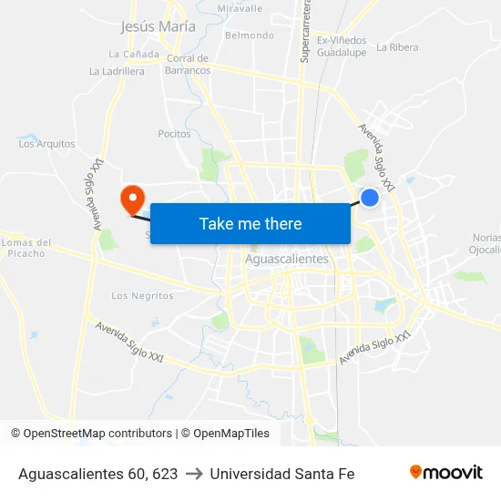 Aguascalientes 60, 623 to Universidad Santa Fe map