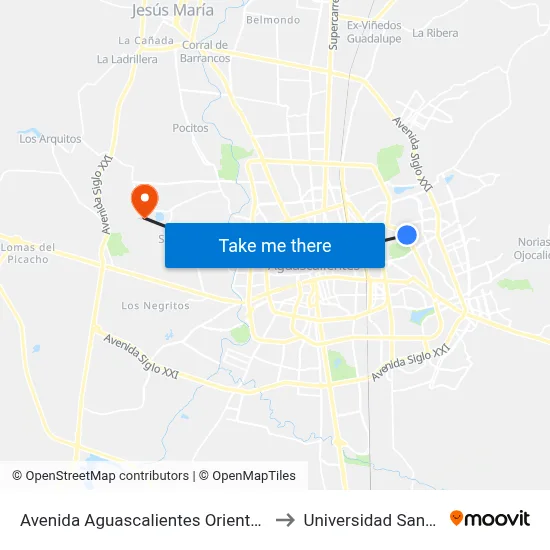 Avenida Aguascalientes Oriente, 2059 to Universidad Santa Fe map