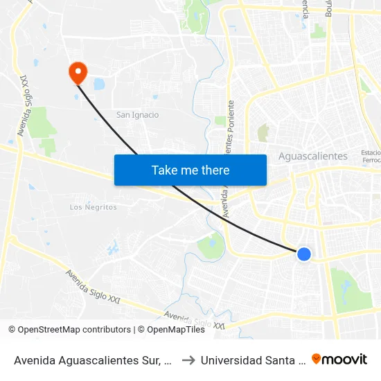 Avenida Aguascalientes Sur, 304 to Universidad Santa Fe map