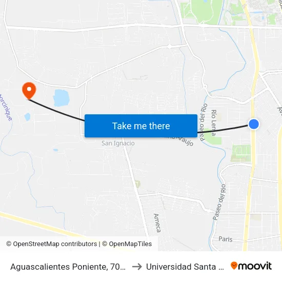 Aguascalientes Poniente, 701a to Universidad Santa Fe map
