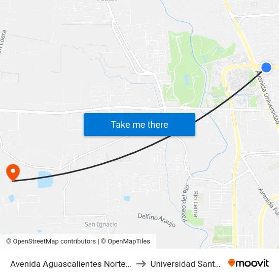Avenida Aguascalientes Norte, 216 to Universidad Santa Fe map