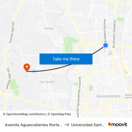 Avenida Aguascalientes Norte, 612 to Universidad Santa Fe map