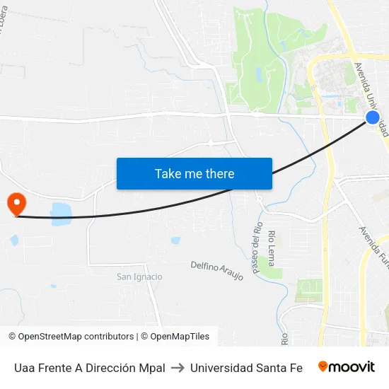 Uaa Frente A Dirección Mpal to Universidad Santa Fe map