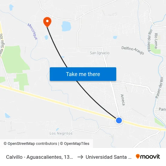 Calvillo - Aguascalientes, 1354 to Universidad Santa Fe map
