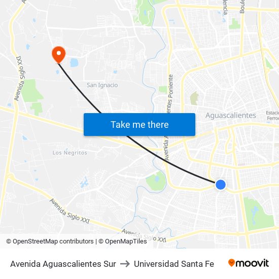 Avenida Aguascalientes Sur to Universidad Santa Fe map