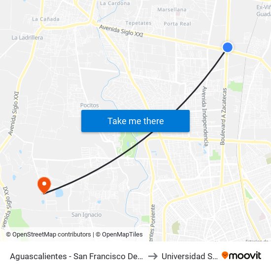 Aguascalientes - San Francisco De Los Romo, 273 to Universidad Santa Fe map