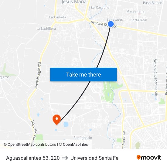 Aguascalientes 53, 220 to Universidad Santa Fe map