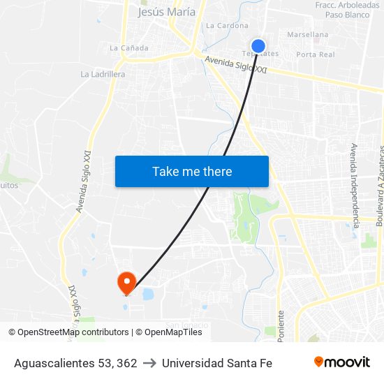Aguascalientes 53, 362 to Universidad Santa Fe map