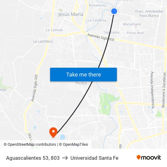 Aguascalientes 53, 803 to Universidad Santa Fe map