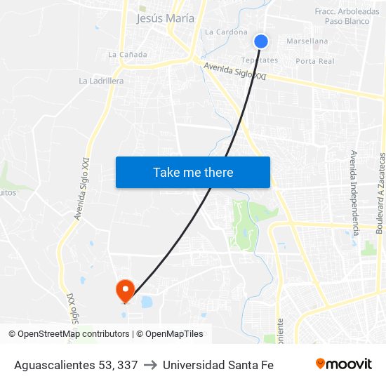 Aguascalientes 53, 337 to Universidad Santa Fe map