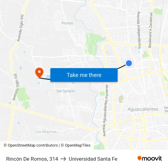 Rincón De Romos, 314 to Universidad Santa Fe map