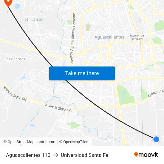 Aguascalientes 110 to Universidad Santa Fe map