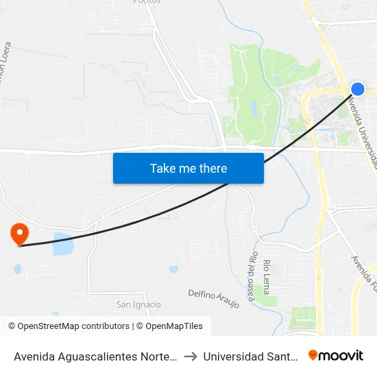 Avenida Aguascalientes Norte, 108 to Universidad Santa Fe map