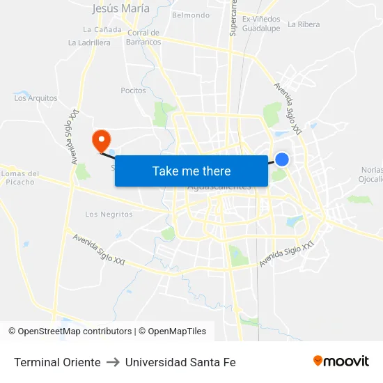 Terminal Oriente to Universidad Santa Fe map