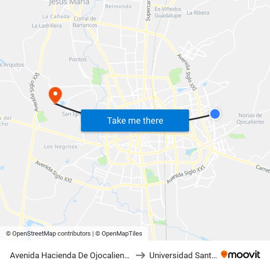 Avenida Hacienda De Ojocaliente, 403 to Universidad Santa Fe map